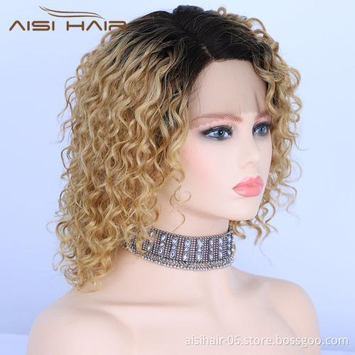 Aisi Hair Short Bob Ombre Blonde Curly Wave Swiss Lace Wigs Brazilian Hair For Black Women Lace Front Human Hair Wigs
